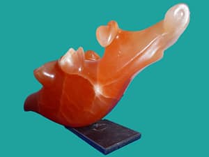 Een diep-oranje stenen verbeelding van een zeehaas. Een slak met oortjes zoals een haas. Hij is opgezet op een stukje ijzerplaat.