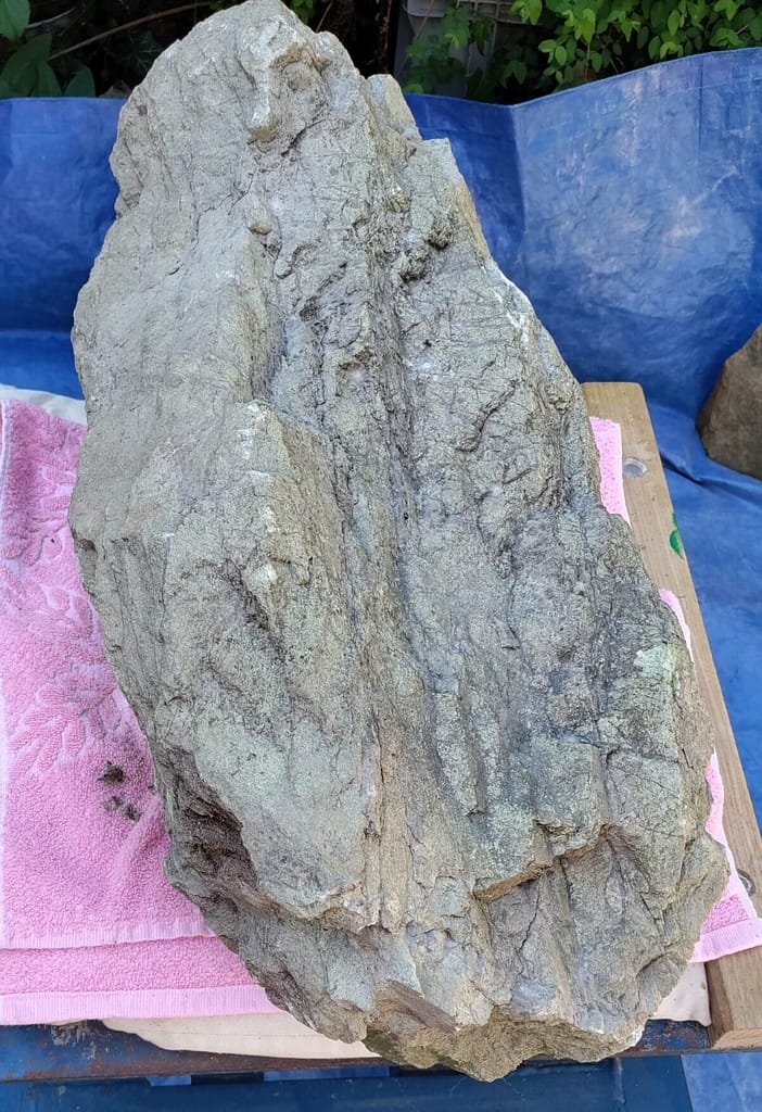 Een ruwe steen van ongeveer 50 kilo, ziet er grijs uit.